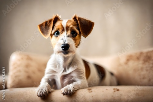 Wire haired Jack Russell Terrier puppy on the beige textile couch looking at the camera. Small rough coated doggy with funny fur stains sitting on the sofa at home. Close up, copy space, background