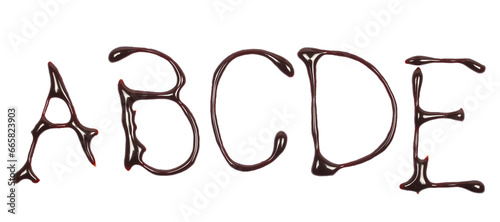 Chocolate topping spreading in shape letter a, b, c, d, e, alphabet isolated on white, top view