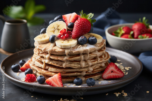 A delightful spread of vegan breakfast options  including fluffy pancakes  creamy overnight oats  fresh fruit  and plant-based yogurt  offering a satisfying and nutritious start to the day   ACTORS  V