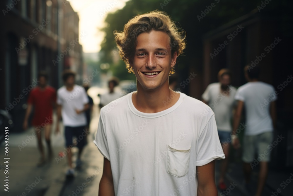 A young stylish man in a white T-shirt and. Street photo A young stylish man in a white T-shirt and. Street photo