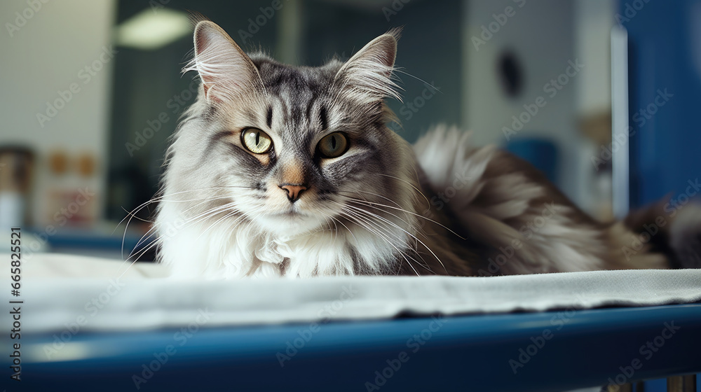 fluffy cute domestic cat at a veterinarian's appointment, animal clinic, pet, veterinary medicine, health, treatment, therapist, feline, kitten, care, office, room, professional