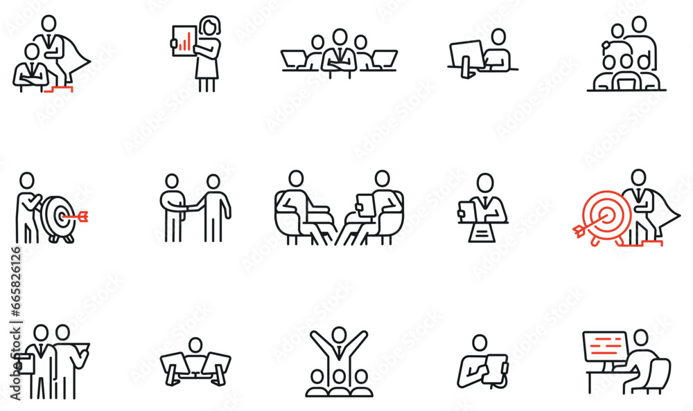 Vector set of linear icons related to human resource management, relationship, business leadership, teamwork, cooperation and personal development. Infographics design elements - part 8 Vector set of linear icons related to human resource management, relationship, business leadership, teamwork, cooperation and personal development. Infographics design elements - part 8
