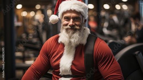 Sports Santa Claus, male bodybuilder in a festive red hat. Christmas and New Year holidays in the gym. Concept: Training and discounts on the eve of the holidays © PRO Neuro architect