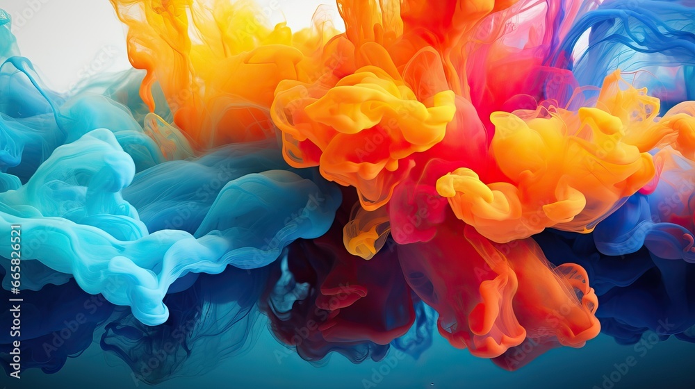 abstract background of colored ink in water close-up, abstract background, Underwater explosion paint, Cloud of silky ink collision isolated on white background.
