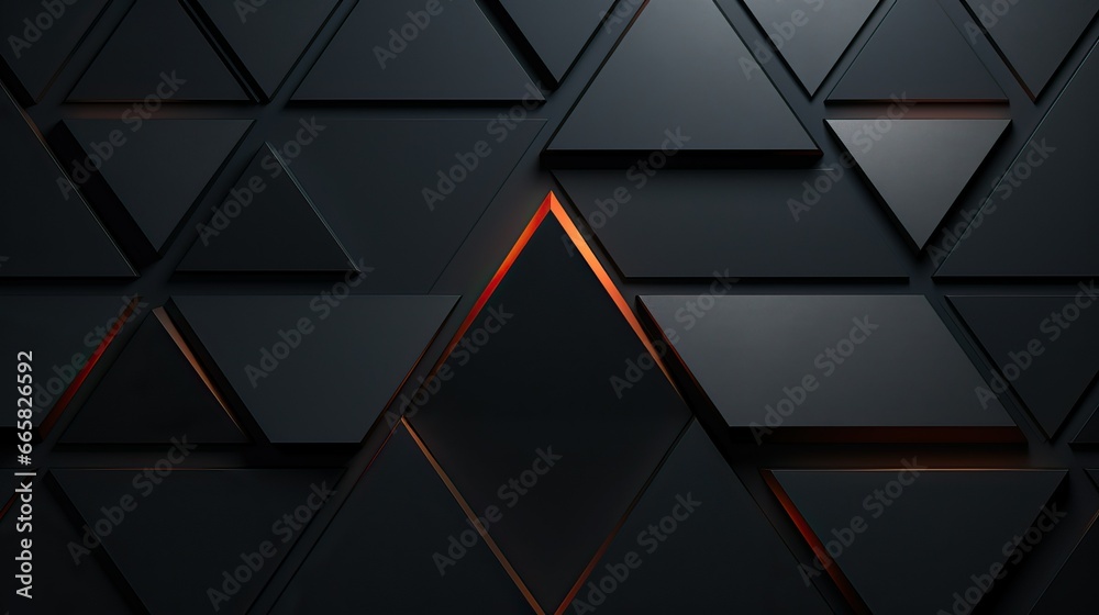Abstract black background with orange glowing triangles, 3d render illustration, dark carbon design, triangle pattern, metallic graphics - obrazy, fototapety, plakaty 