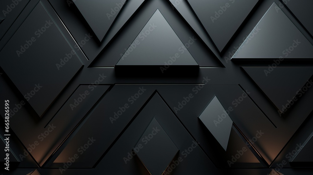 Fototapeta premium 3d rendering of abstract metallic background with glowing black triangle shapes, Reflective surface, geometric design, dark pattern, triangle texture, dark wallpaper