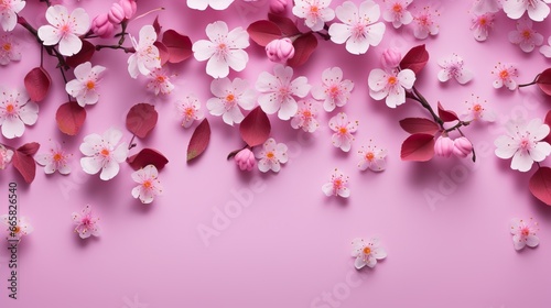 Flowers composition  Cherry blossoms on pink background  Flat lay  top view  copy space  beautiful cherry blossoms  light pink flowers  pink red white flowers pattern  wallpaper