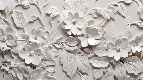 Paper flowers carved on the wall of the house, White background, floral wallpaper, texture, pattern design, white flowers 3d carved design photo