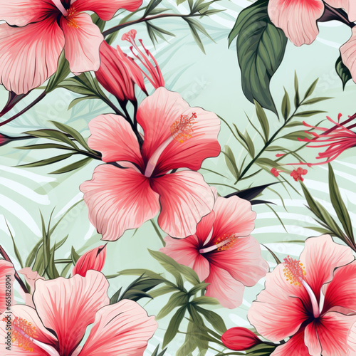 Exotic hibiscus flowers intertwined in a seamless pattern