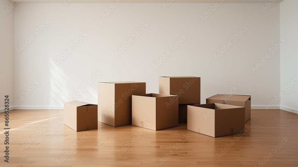 Cardboard boxes on a wooden floor in empty apartment. Concept of moving, packing and unpacking. Copy space. Cardboard boxes on a wooden floor in empty apartment. Concept of moving, packing and unpacking. Copy space.