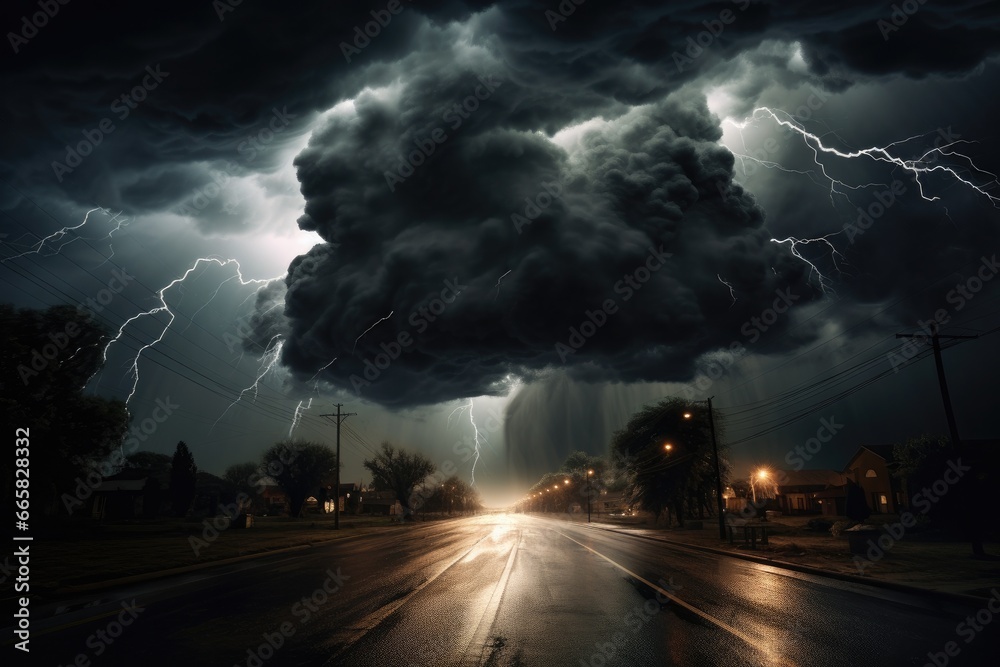 Dramatic Urban Weather Phenomenon: Lightning, Wind, and Flooding Caused by a Severe Storm and Thunderstorm - obrazy, fototapety, plakaty 