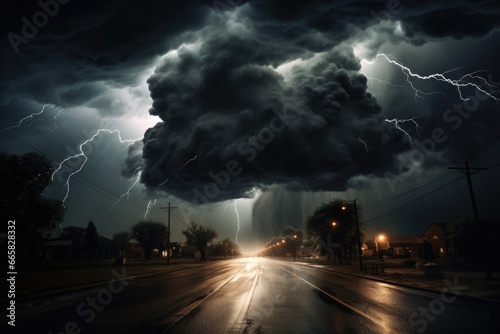 Dramatic Urban Weather Phenomenon: Lightning, Wind, and Flooding Caused by a Severe Storm and Thunderstorm photo