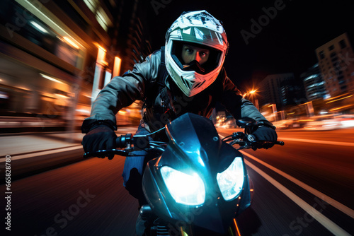 A motorcyclist embarks on a thrilling journey at night, embracing the freedom of the open road. Clad in leather and donning a helmet, this biker embodies the spirit of adventure. © ChaoticMind