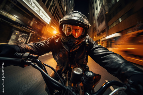 A motorcyclist embarks on a thrilling journey at night, embracing the freedom of the open road. Clad in leather and donning a helmet, this biker embodies the spirit of adventure.