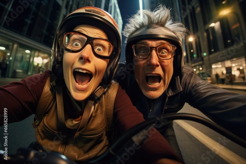 Adventurous Senior Couple Enjoying a Nighttime Motorcycle Ride Together