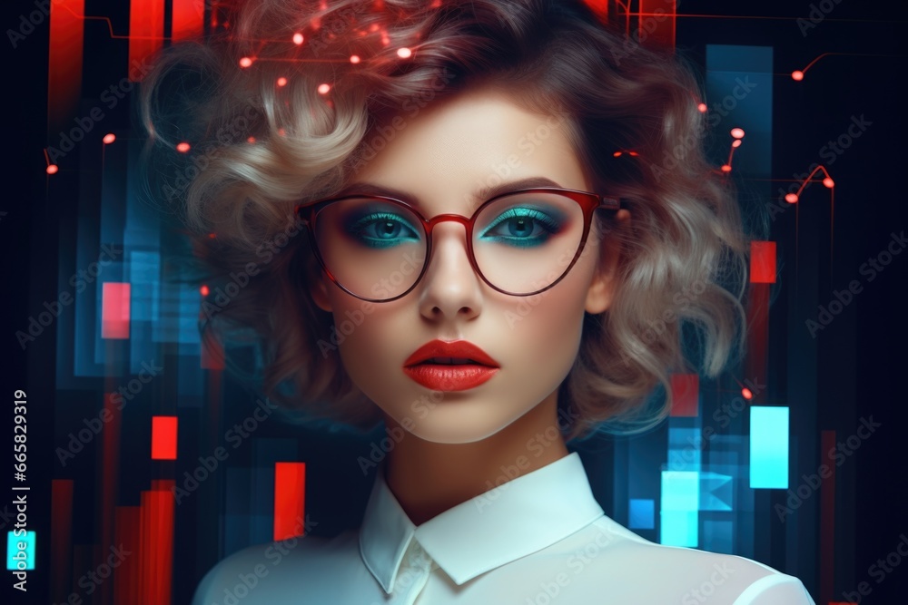 Beautiful business woman in a strict business suit against the background of financial charts and graphs. Economic chart, analysis of global economic trends.