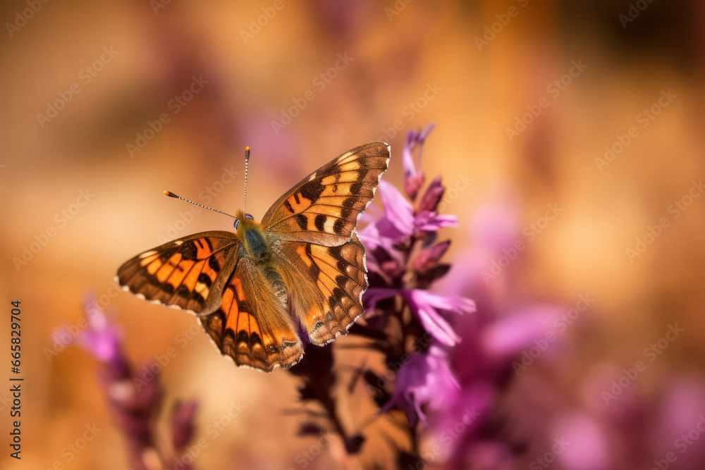 Fototapeta premium A detailed close-up shot of a delicate butterfly perched on a flower, showcasing the intricate patterns on its wings and the beauty of nature's tiny wonders