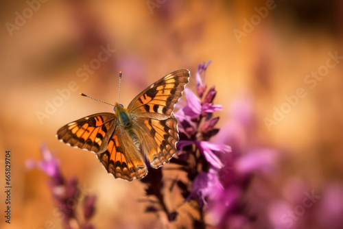 A detailed close-up shot of a delicate butterfly perched on a flower, showcasing the intricate patterns on its wings and the beauty of nature's tiny wonders