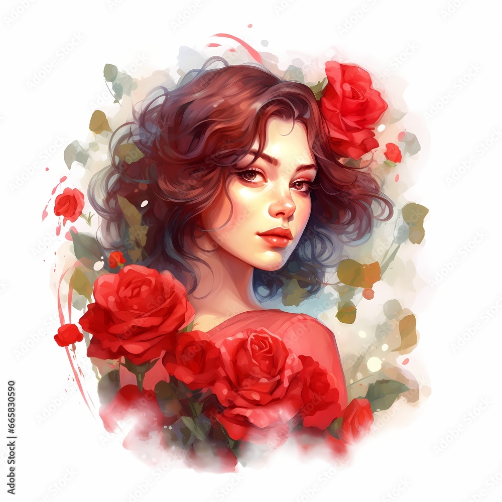 Character of happy girl with beautiful red rose or bouquet of flowers isolated on white background.