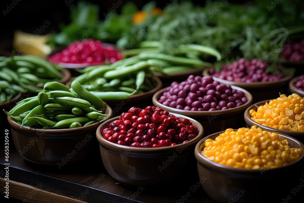 A photograph of a vibrant market stall filled with an array of fresh legumes, enticing customers with their colorful display in A photograph of a vibrant market stall filled with an array of fresh legumes, enticing customers with their colorful display in