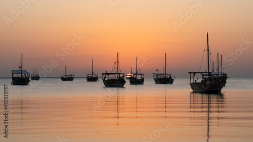 dhows in the shore parked at katara beach in qartar during dhow festival.