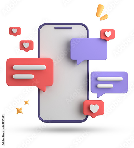 3d rendering of spartphone and speech bubble, 3D pastel chat with symbol, icon set.