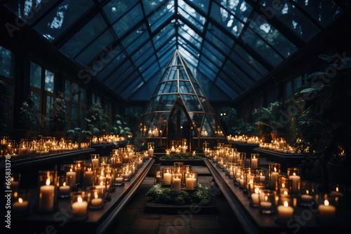 A sacred and ethereal yoga loft with soft candlelight, sacred geometry patterns, and a dedicated meditation space, facilitating deep introspection and spiritual growth