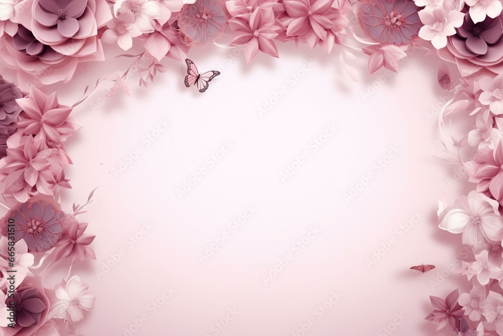 Romantic pink floral frame with elegant rectangular design and space for text. Generative AI