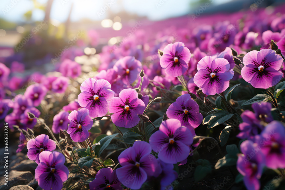 Obraz premium A bee delicately sipping nectar from the center of a vibrant purple pansy, showcasing the precise interaction between the bee and the flower