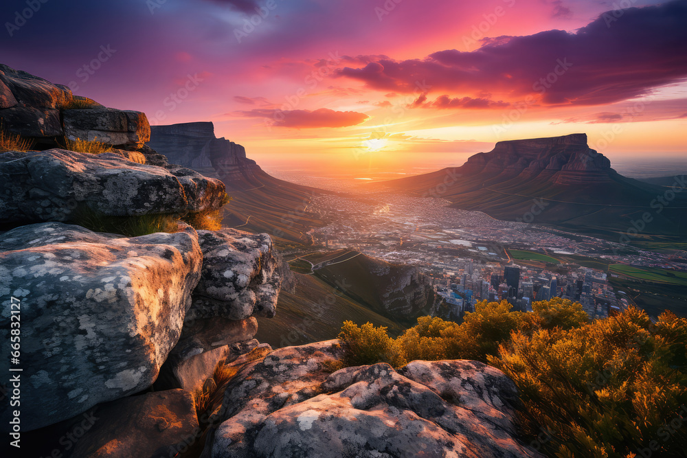 A birds-eye view of Table Mountain, capturing the rugged terrain and the winding paths leading to its summit, surrounded by lush vegetation and framed by a clear blue sky