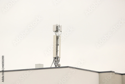 Mobile antenna in a building, against sky