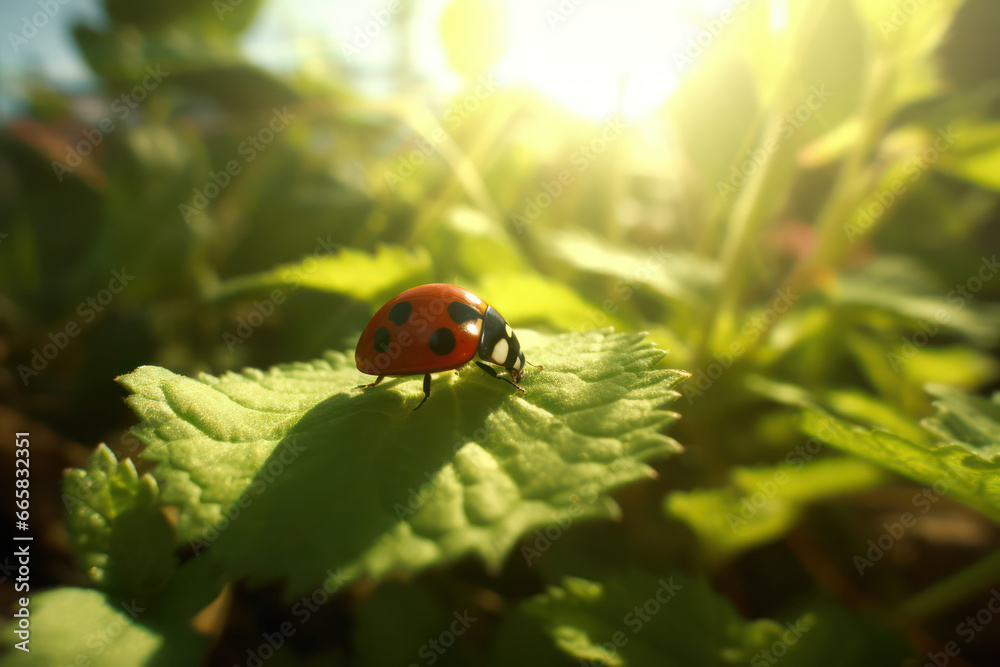 A captivating close-up of a vibrant ladybug perched on a leaf on an ecological farm, representing the farm's dedication to organic and pesticide-free practices A captivating close-up of a vibrant ladybug perched on a leaf on an ecological farm, representing the farm's dedication to organic and pesticide-free practices