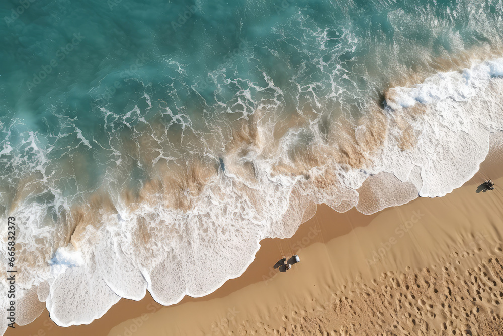 A captivating top-down view of waves gently rolling onto a sandy beach, revealing the intricate patterns and textures of the wet sand and creating a sense of tranquility