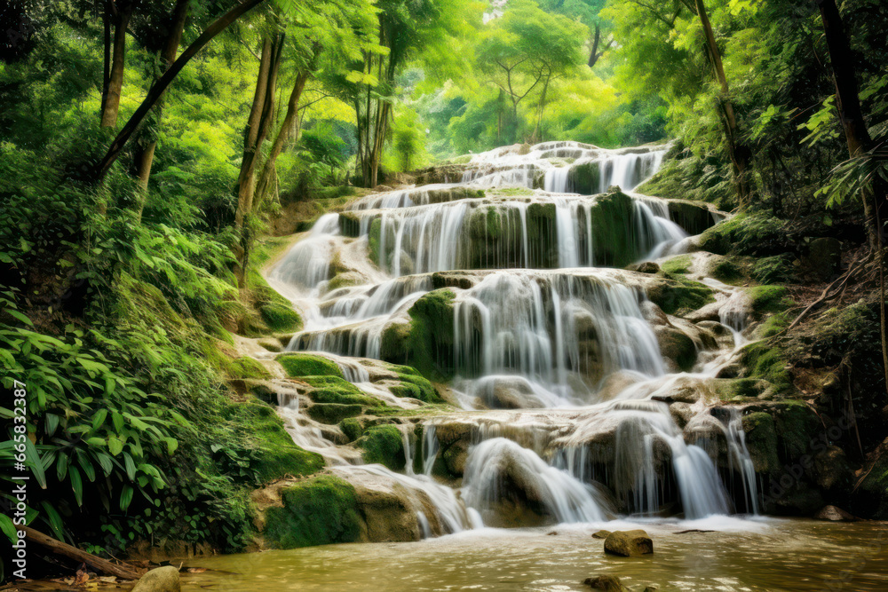 A captivating shot of a cascading waterfall nestled in a lush green forest, capturing the raw power and beauty of nature's water elements A captivating shot of a cascading waterfall nestled in a lush green forest, capturing the raw power and beauty of nature's water elements