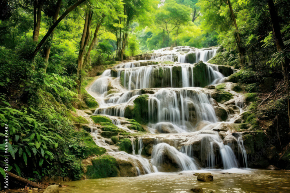 A captivating shot of a cascading waterfall nestled in a lush green forest, capturing the raw power and beauty of nature's water elements