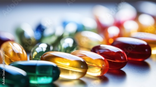 Bottle and scattered colored capsules of vitamins and minerals. Health and beauty concept
