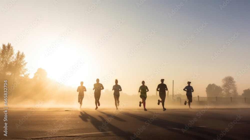 Silhouettes of a group of people running on the road, in the morning light