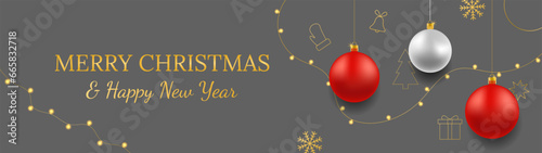 Merry Christmas and Happy New Year vector banner. Realistic rose gold and red baubles, snowflakes hanging on dark background with realistic garland and confetti. Background gold Christmas icon