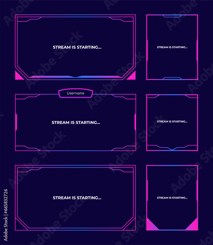 Streaming screen panel overlay design template neon theme. Vector border UI frame to game interface stream illustration