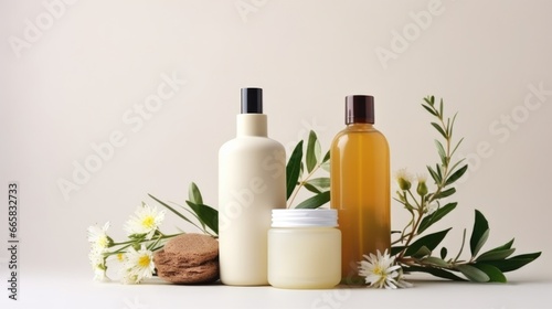 Natural cosmetics for face and body skin care on a light background. Facial care, cosmetology, beauty and spa concept