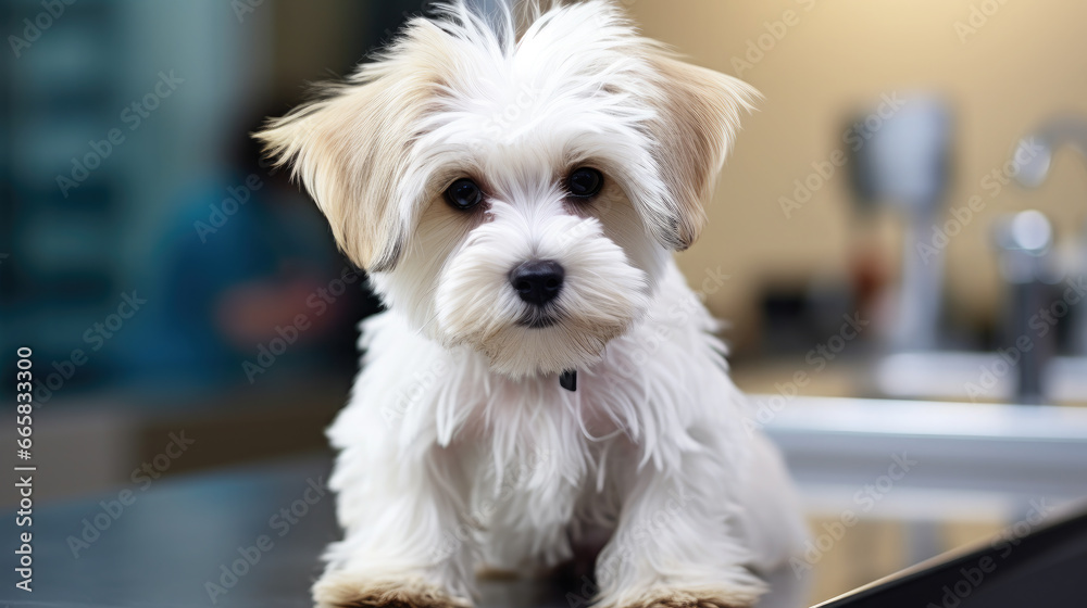 cute dog on the table at a veterinarian's appointment in a veterinary office, animal clinic, puppy, pet, treatment, doctor, canine, disease, medicine, hospital, wool, portrait, eyes, ill, room, funny cute dog on the table at a veterinarian's appointment in a veterinary office, animal clinic, puppy, pet, treatment, doctor, canine, disease, medicine, hospital, wool, portrait, eyes, ill, room, funny