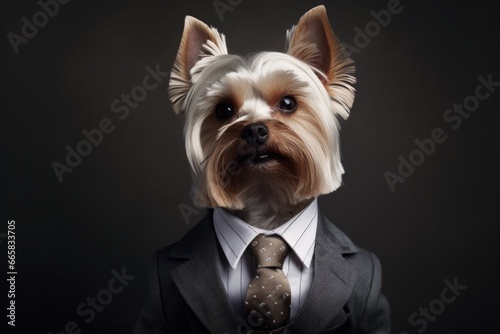 photo of a beautiful dog in a stylish business suit and glasses