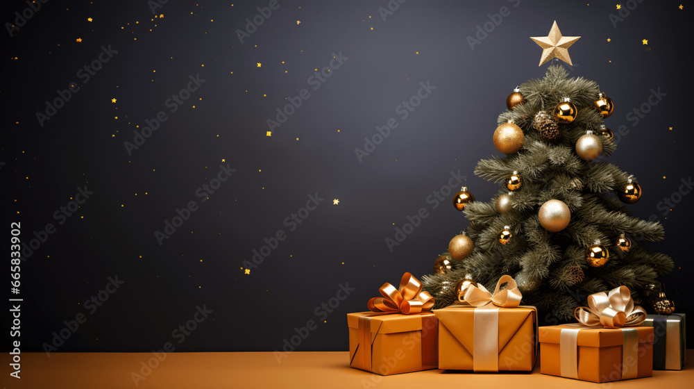 Christmas tree and gifts on a black background.
