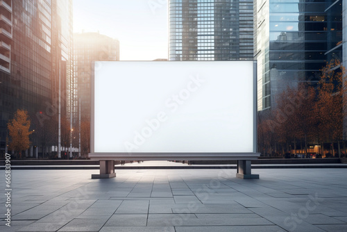 outdoor billboard white screen clean minimalistic, advertising message visual information attract attention passers-by and citizens. empty canvas for message, advertisement banner poster copy space. photo