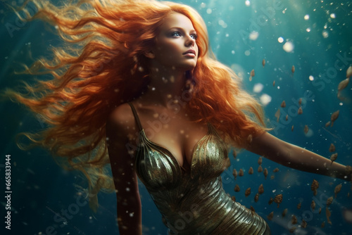 Mermaid in ocean, swimming mermaids, mermaid tail, shells starfish, Underwater a character of East Slavic mythology, Sea Maiden a water creature in form of woman with long loose hair and a fish tail.