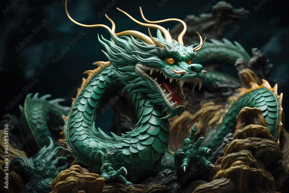 Obraz premium Green dragon closeup, fictional frightening character, symbol of the chinese new year 2024