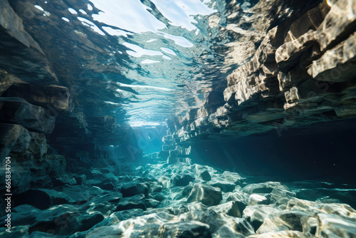 A panoramic view of a coral reef, showcasing the interplay of light and shadows on the vibrant underwater landscape, revealing the hidden depths and mysteries of the coral ecosystem