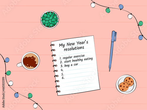 New Year resolutions. Notebook top view with goals list for next year. Workplace with succulent plant, coffee cup, pencil and garlands. Vector illustration