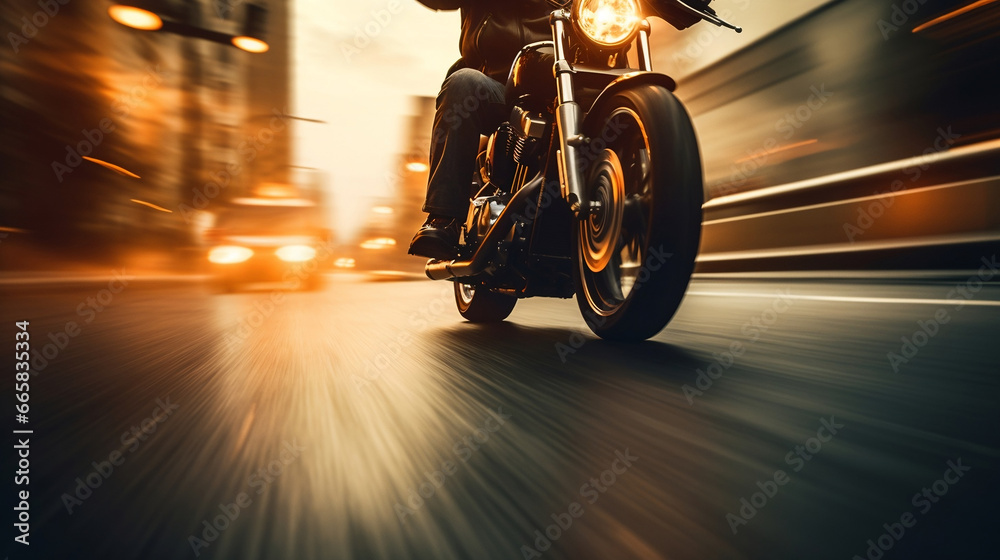 Custom motorbike biker rider on blurred city road