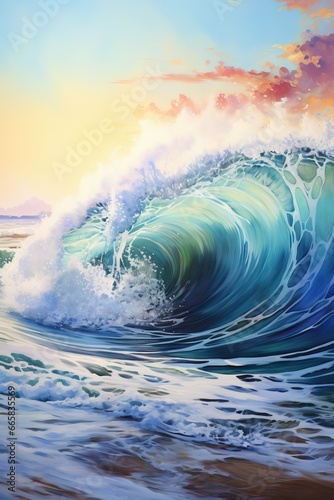 close up of colorful ocean waves on the beach at sunset, riding the waves